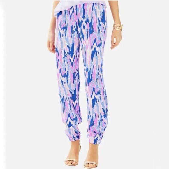 Lilly Pulitzer Amethyst One Too Many Saffron Jogger Pants Purple Pink 2 - Picture 1 of 14